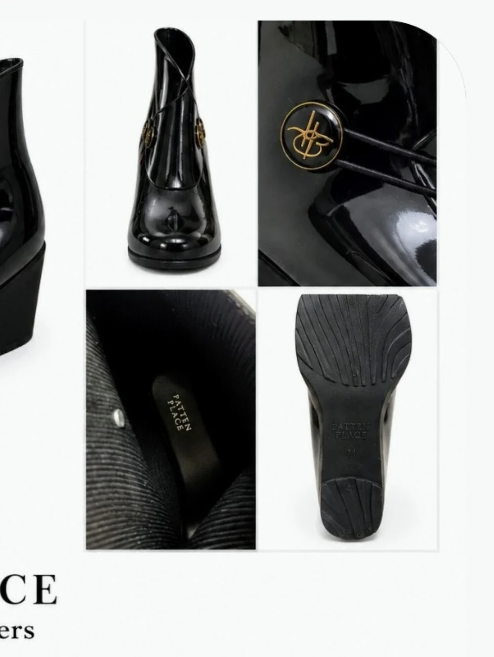 Black Patent Wedge Shoe Covers with Gold-Tone Buttons